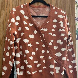 Rust Wrap-Style Sweater | Abstract Spot Print | Cozy Fall Knit | Women’s Medium